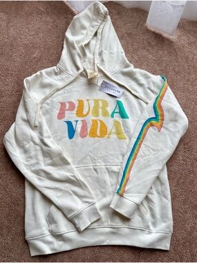 NWT Pura Vida Multicolor Letterprint Cream Pastel Rainbow Sleeve Hoodie